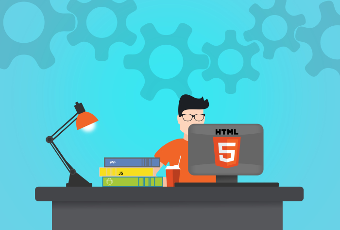 Computer programmer working at the desk - HTML5 PHP Javascript Android Webdesigner